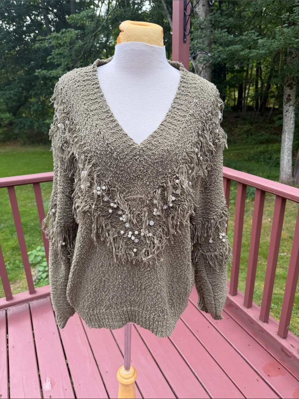 POL Size S Olive Green V-Neck Fringe Sweater with Bead and rhinestone Accent